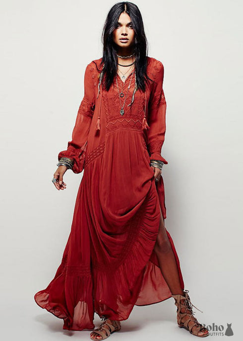 Vestido maxi bohemio rojo de manga larga Jordyn